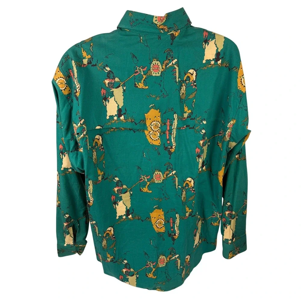 Panhandle Slim Men's Large Green Indigenous Warrior Print Western Shirt Made USA - Picture 4 of 10